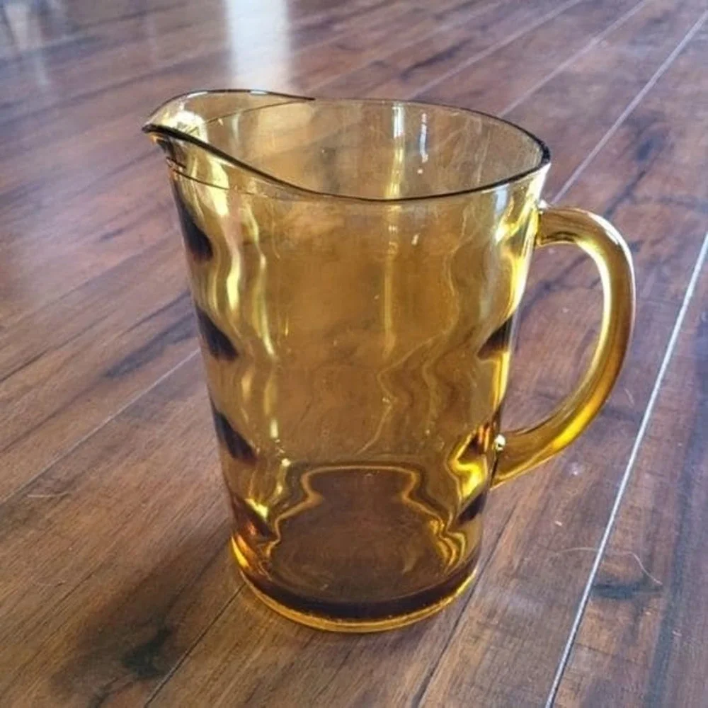 Vintage MCM Hazel Atlas Amber Glass Waterfall‎ Optic Ribbed Pitcher